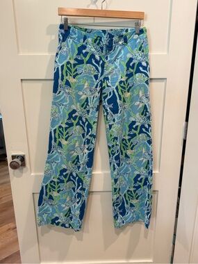 Lilly Pulitzer Vintage Turtle Cotton wide leg Blue Green Aqua 6 Pants